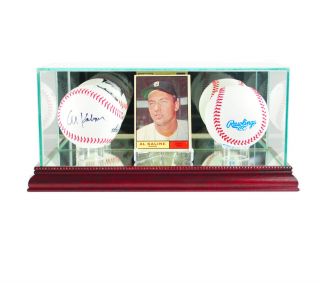 Glass Double Baseball And Card Display Case With Cherry Wood