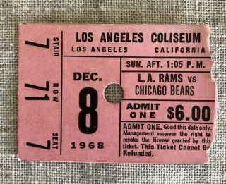 1968 12/08 Chicago Bears @ La Rams Ticket; Piccolo,  Butkus,  Gabriel,  Controversy