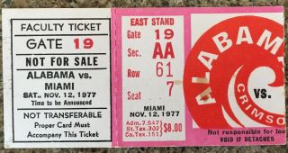 Alabama Crimson Tide 1977 College Football Actual Ticket Vs Miami Hurricanes