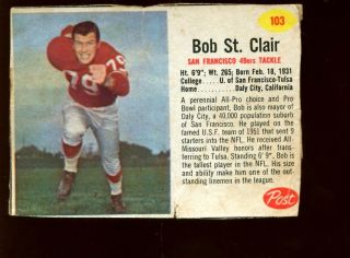1962 Post Cereal Football Card 103 Bob St.  Clair Sp
