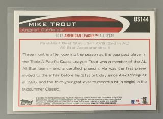 MIKE TROUT 2012 TOPPS UPDATE ALL STAR GAME US144,  ANGELS.  CARD 2