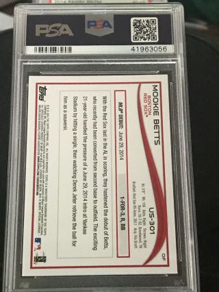 PSA 10 Mookie Betts 2014 Topps Update US301 Rookie RC Debut Red Sox Gem 2