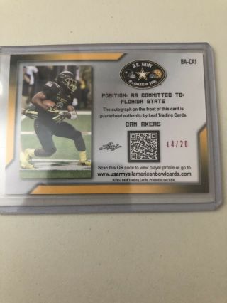 Cam Akers 2017 Leaf U.  S.  Army All American Red Flag Auto 14/20 Florida State 2