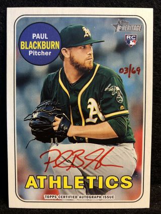 2018 Topps Heritage High Number Paul Blackburn Red Ink Auto 3/69 Rc