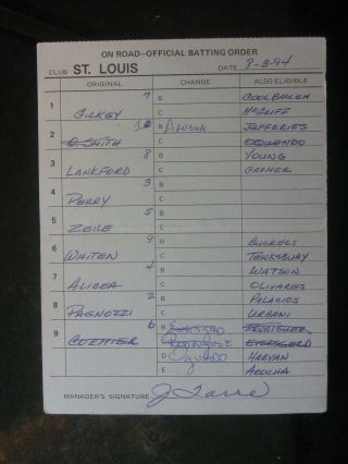8/3/94 Joe Torre Signed St Louis Cardinals Game Lineup Umpire Card 084