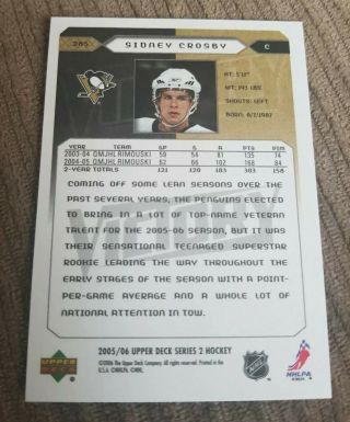 2005 - 06 Sidney Crosby ROOKIE CARD 285 Upper Deck Series 2 NM - MT 2