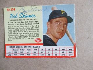 Bob Skinner 1962 Post Cereal Baseball Card Vg Autographed
