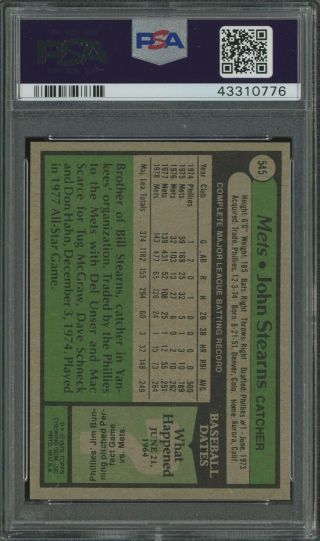 1979 Topps 545 John Stearns York Mets PSA 10 GEM 2