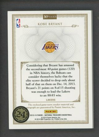 2013 - 14 National Treasures Sneaker Swatches Kobe Bryant Shoe Patch AUTO /39 2