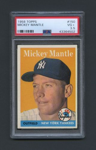 1958 Topps Mickey Mantle York Yankees 150 Baseball Card Psa 3.  5