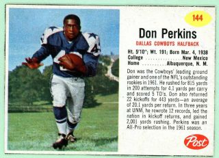 1962 Post Cereal Football Card 144 Don Perkins - W/light Wax On Back