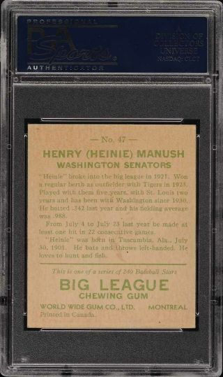 1933 Goudey World Wide Gum Heinie Manush 47 PSA 6 EXMT (PWCC) 2