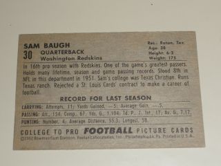 1952 Bowman Small Football 30 Sammy Baugh HOF 2