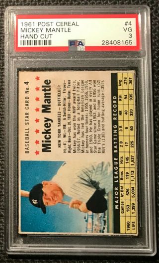 1961 Post Cereal Mickey Mantle Psa 3 Vg 4.  York Yankees Baseball Card