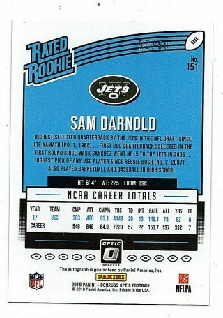 2018 Donruss Optic Sam Darnold RC Rated Rookie Auto On - Card 50/50 2