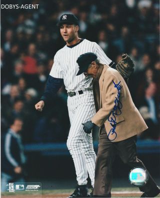 Phil Rizzuto 1999 Alcs Playoff Photo Signed Throws Out 1st Pitch To Derek Jeter