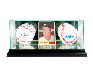 Glass Double Baseball And Card Display Case With Black Wood