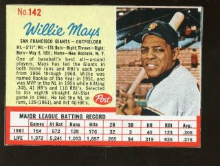 1962 Post Cereal Baseball Card 142 Willie Mays Nrmt