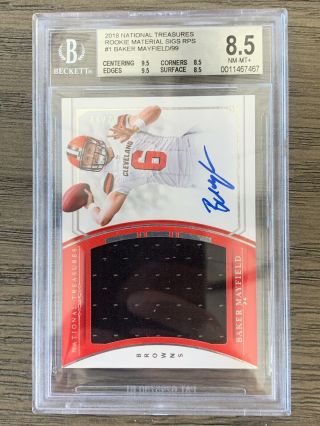 2018 National Treasures Baker Mayfield /99 Rc Rookie Patch Auto Rpa Bgs 8.  5/10