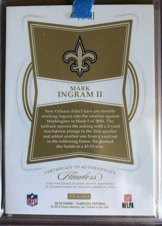 2018 Flawless Mark Ingram II Pro - Bowl Patch 3 - CLR 3/13 Holo SP Saints Ravens 2