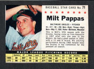 1961 Post Cereal 71 Milt Pappas Baltimore Orioles Sp (box Version) Ex A