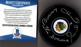 Beckett - Bas Bobby Hull " The Golden Jet " Autographed Chicago Blackhawks Puck 6999