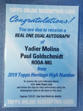 Yadier Molina Paul Goldschmidt 2019 Topps Heritage Real One Dual Auto Redemption