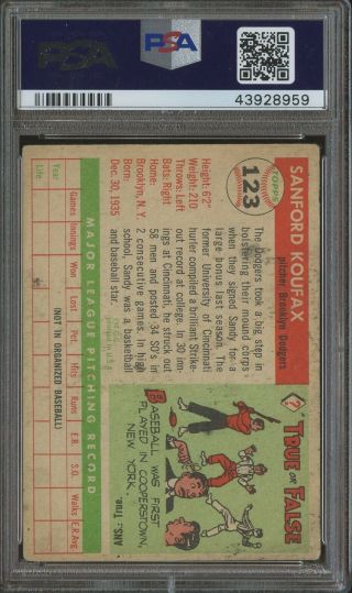 1955 Topps 123 Sandy Koufax Brooklyn Dodgers HOF PSA 2 GOOD 2