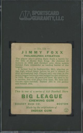 1933 Goudey 154 Jimmy Foxx Philadelphia Athletics HOF SGC 2 GOOD 2