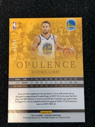 Stephen Curry 2017 - 18 Panini Opulence Silver 35 Golden State Warriors 6/25 2