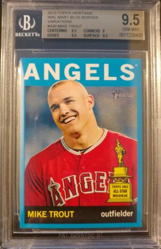 2013 Topps Heritage Wal - Mart Blue Border Mike Trout No Hat Rc Rookie Bgs 9.  5