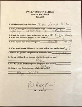 Paul “buddy” Burris Questionnaire Filled Out & Signed By Oklahoma Sooner Legend