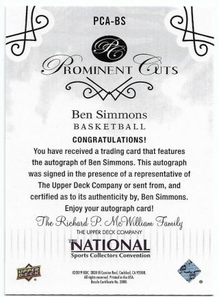 2019 Upper Deck Prominent Cuts Ben Simmons National NSCC Auto/Autograph 10/15 2