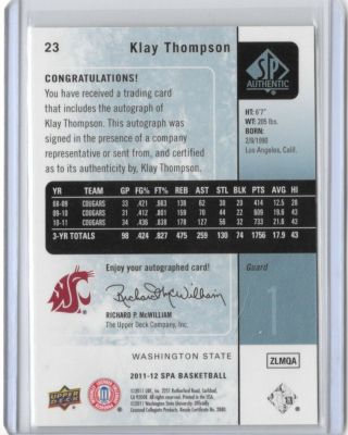 Klay Thompson Warriors 2011 - 12 SP Authentic Auto Autograph Rookie RC 2