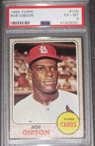 1968 Topps Bob Gibson Baseball Card 100 Psa 6 Ex - Mt St.  Louis Cardinals