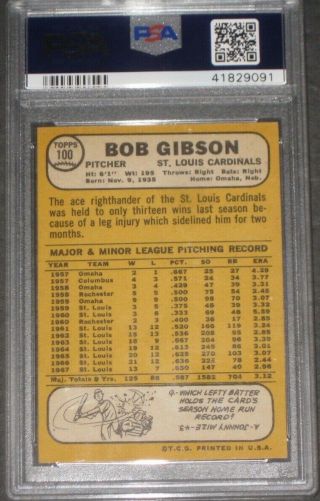 1968 Topps BOB GIBSON Baseball Card 100 PSA 6 EX - MT St.  Louis Cardinals 3
