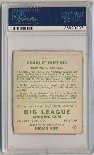 RED RUFFING (CHARLIE) 1933 Goudey Gum 56 Graded PSA 3 VG YORK YANKEES HOF 2