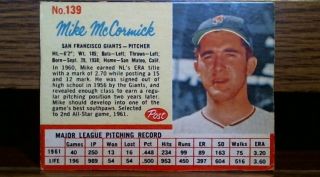 1962 Post Cereal Baseball Card - Mike Mccormick 139 - Ex - Mt - Hand Cut - Giants