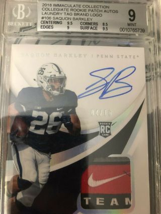 Saquon Barkley 2018 Immaculate Collegiate Rookie Nike Tag Patch Auto 4/10 9
