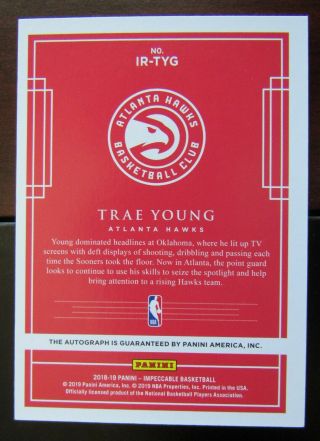 2018 - 19 TRAE YOUNG IMPECCABLE GOLD 7/10 AUTO/AUTOGRAPH RC ROOKIE CARD 2