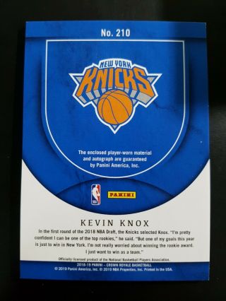 2018 - 19 Panini Crown Royale Silhouettes Kevin Knox RC Jersey Auto 180/199 G3 2