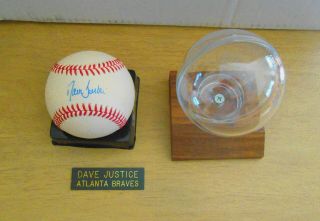 David Justice Auto Baseball With Lucite Ball Holder On Wooden Base W/ Name Plate