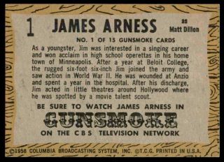 1958 TOPPS TV WESTERNS GUNSMOKE - JAMES ARNESS 1 EX - MT,  WELL CENTERED OTR2Q1 2