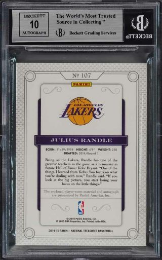 2014 National Treasures Julius Randle ROOKIE RC AUTO PATCH /99 BGS 8.  5 (PWCC) 2