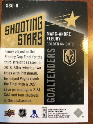 18 - 19 UD Series 1 Shooting Stars Black Parallel SP SSC - 8 Marc - Andre Fleury 2