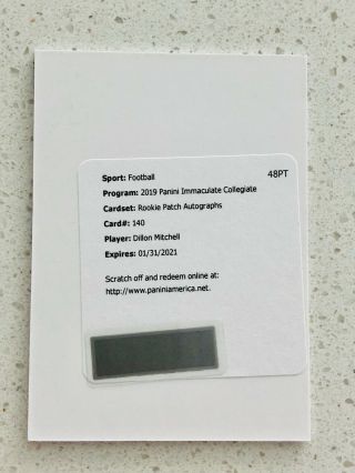 2019 Panini Immaculate Dillon Mitchell Rpa Rc Jersey Patch Autograph Auto /99