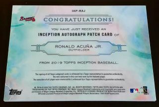 RONALD ACUNA JR.  2019 Topps Inception 3 - Color Jersey Patch Auto /199 Braves 2