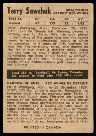 1954 - 55 PARKHURST TERRY SAWCHUK DETROIT RED WINGS 33 2