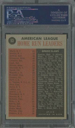 1962 Topps 53 AL Home Run Leaders w/ Mickey Mantle Harmon Killebrew HOF PSA 7 2