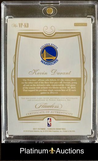 Kevin Durant 2017 - 18 Panini Flawless Vertical Patch Auto 5/10 Autograph.  MINT 2